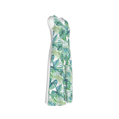 V-Neck A-Line Palm Dress in White Organic Cotton Twill