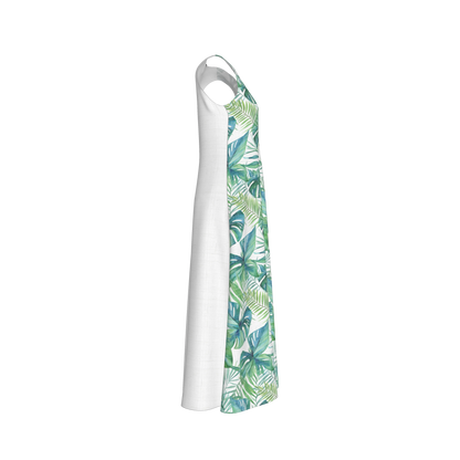 V-Neck A-Line Palm Dress in White Organic Cotton Twill